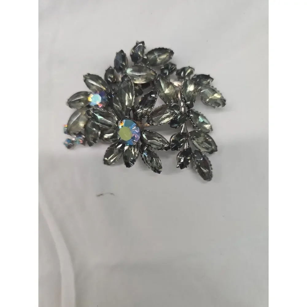 Vintage 1950s-1960s Smoky Gray AB Rhinestone Floral Spray Brooch